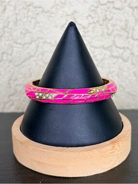 Sequin Hot Pink Enamel Bangle Bracelet with Crystal Accents